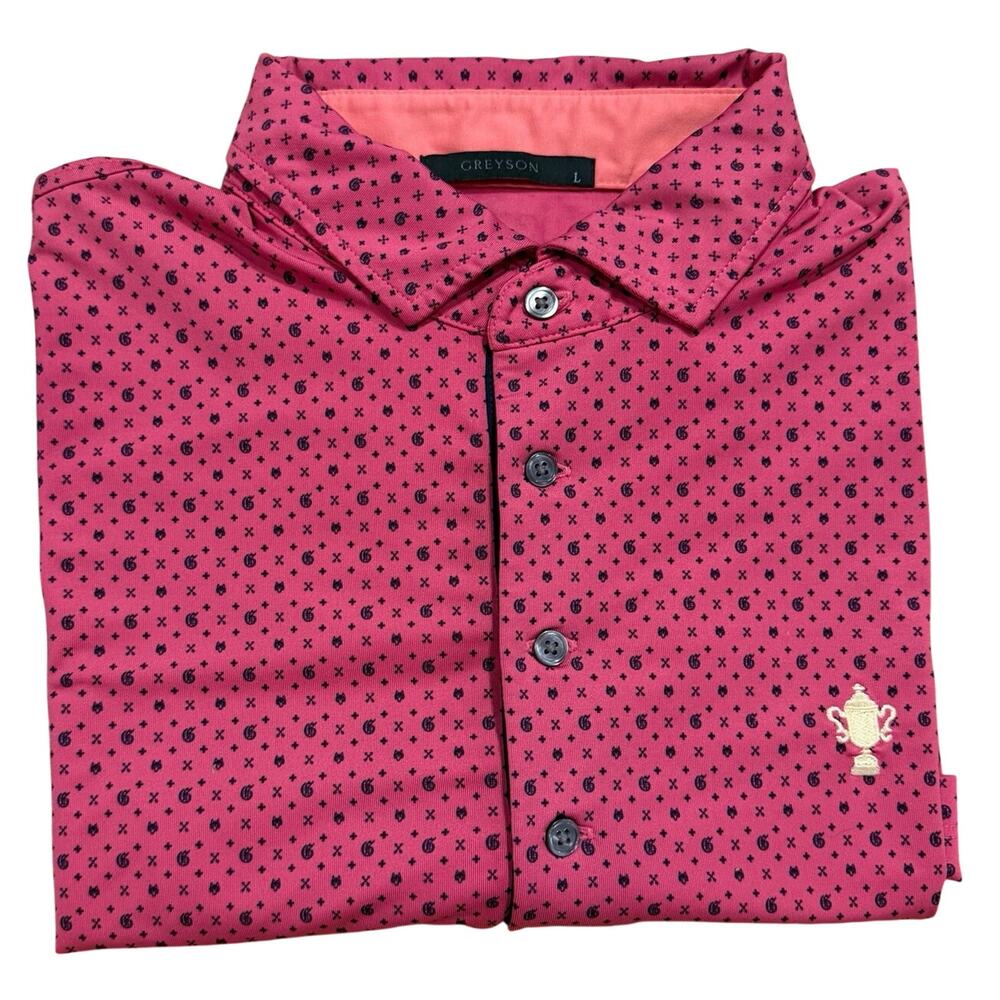 Greyson Mens Golf Polo Size Large Pink All Over Print Honors Golf Club Preppy
